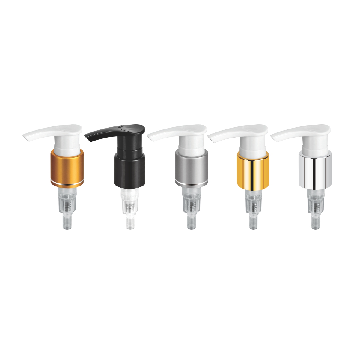 Assorted lotion pump dispensers in gold, white, black, silver, and chrome finishes for cosmetic and skincare packaging 
