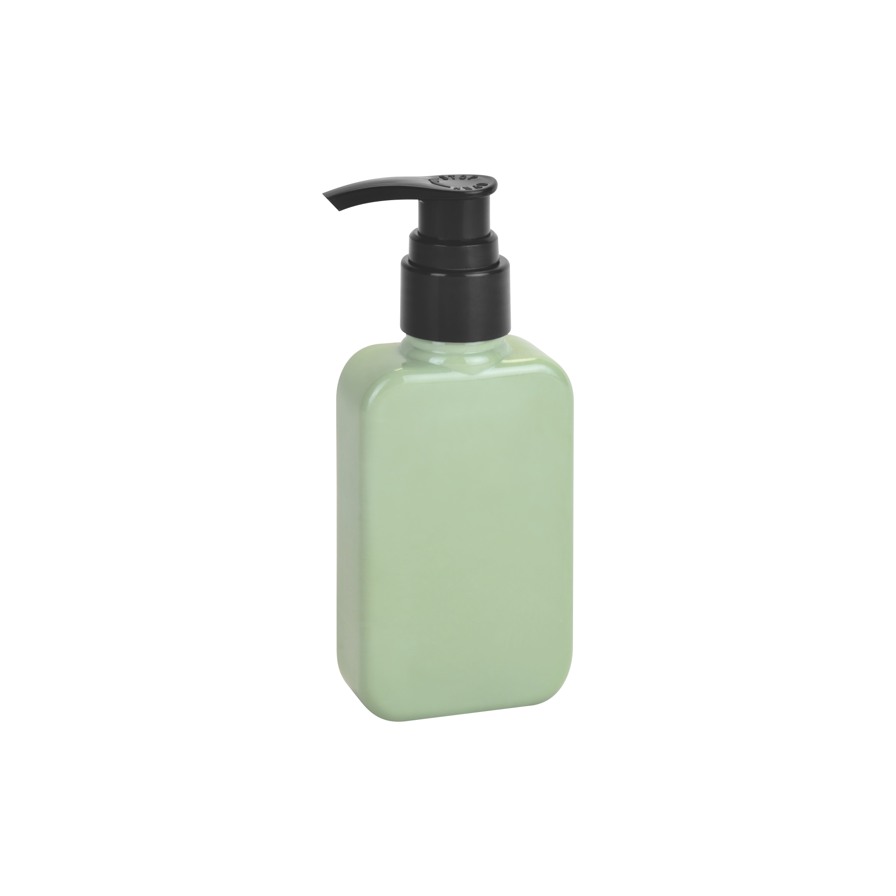 Green PET bottle with black lotion pump dispenser for cosmetic and personal care packaging