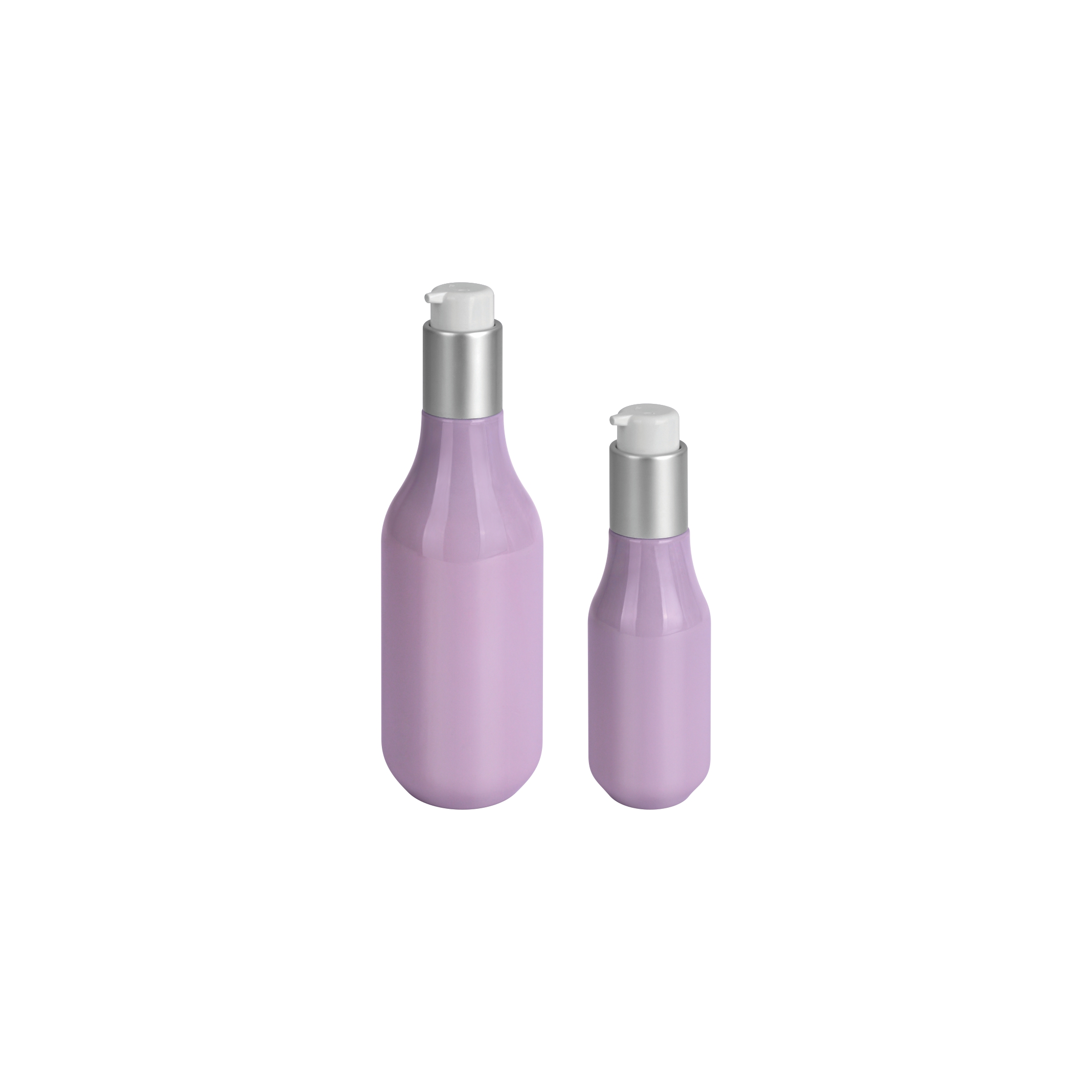 Two plastic pump bottles for cosmetic and skincare product packaging in different sizes